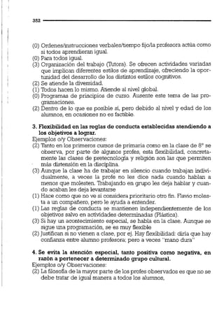 (O) Ordenesiinstruccionesverbalesltiempo fijoilaprofesora actúa como
si todos aprendieran igual.
(O) Para todos igual.
(3)Organización del trabajo (Mora). Se ofrecen actividades variadas
que implican diferentes estilos de aprendizaje, ofreciendo la opor-
tunidad del desarrollo de los distintos estilos cogmtivos.
(2) Se atiende la diversidad.
(1) Todos hacen lo mismo. Atiende al nivel global.
(O) Programas de principios de curso. Ausente este tema de las pro-
gramaciones.
(2) Dentro de lo que es posible sí, pero debido al nivel y edad de los
alumnos, en ocasiones no es factible.
3. Flexibilidad en las reglas de conductaestablecidasatendiendoa
los objetivos a lograr.
Ejemplos oiy Observaciones:
(2) Tanto en los primeros cursos de primaria como en la clase de 8" se
observa, por parte de algunos profes, esta flexibilidad, concreta-
mente las clases de pretecnología y religión son las que permiten
más distensión en la disciplina.
(3)Aunque la clase ha de trabajar en silencio cuando trabajan indivi-
dualmente, a veces la profe no les dice nada cuando hablan a
menos que molesten. Trabajando en grupo les deja hablar y cuan-
do acaban les deja levantarse
(1)Hace como que no ve si considera prioritario otro fin. Flavio moles-
ta a un compañero, pero le ayuda a entender.
(1)Las reglas de conducta se mantienen independientemente de los
objetivos salvo en actividades determinadas (Plástica)
(3) Si hay un acontecimiento especial, se habla en la clase. Aunque se
sigue una programación, se es muy flexible
(2)Justifican si no vienen a clase,por ej.Hay flexibilidad:diría que hay
confianza entre alumno profesora;pero a veces "mano dura"
4. Se evita la atención especial, tanto positiva como negativa, en
razón a pertenecer a determinado grupo cultural.
Ejemplos o/y Observaciones:
(2) La filosofíade la mayor parte de los profes observados es que no se
debe tratar de igual manera a todos los alumnos,
 