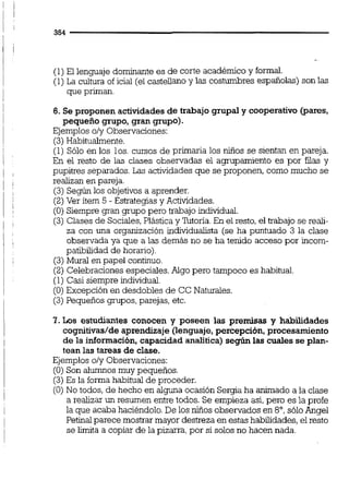 (1)El lenguaje dominante es de corte académico y formal.
(1)La cultura oficial (elcastellanoy las costumbres españolas) son las
que priman.
6. Se proponen actividadesde trabajo grupa1y cooperativo @ares,
pequeño grupo, gran grupo).
Ejemplos o/y Observaciones:
(3)Habitualmente.
(1) Sólo en los los. cursos de primaria los niños se sientan en pareja.
En el resto de las clases observadas el agrupamiento es por filas y
pupitres separados. Las actividades que se proponen, como mucho se
realizan en pareja.
(3) Según los objetivos a aprender.
(2) Ver ítem 5 - Estrategias y Actividades.
(O)Siempre gran grupo pero trabajo individual.
(3) Clases de Sociales,Plástica y Tutona.En el resto,el trabajo se reali-
za con una organización individualista (se ha puntuado 3 la clase
observada ya que a las demás no se ha tenido acceso por incom-
patibilidad de horario)
(3)Mural en papel continuo.
(2) Celebraciones especiales. Algo pero tampoco es habitual.
(1) Casi siempre individual.
(O)Excepción en desdobles de CC Naturales.
(3)Pequeños grupos,parejas, etc.
1.Los estudiantes conocen y poseen las premisas y habilidades
cognitivas/de aprendizaje (lenguaje,percepción,procesamiento
de la información, capacidadanalítica)según las cuales se plan-
tean las tareas de clase.
Ejemplos o/y Observaciones:
(O) Son alumnos muy pequeños.
(3)Es la forma habitual de proceder.
(O) No todos, de hecho en alguna ocasión Sergiaha animado a la clase
a realizar un resumen entre todos. Se empieza así, pero es la profe
la que acaba haciéndolo.De los niños observados en 8", sóloAngel
Petinal parece mostrar mayor destreza en estas habilidades, el resto
se limita a copiar de la pizarra, por sí solos no hacen nada.
 