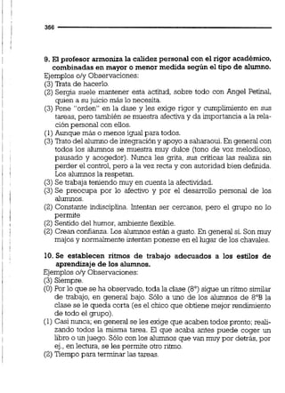 9. El profesor armoniza la calidez personal con el rigor académico,
combinadas en mayor o menor medida según el tipo de alumno.
Ejemplos o/y Observaciones:
(3)Rata de hacerlo.
(2) Sergia suele mantener esta actitud, sobre todo con Angel Petinal,
quien a su juicio más lo necesita.
(3)Pone "orden" en la dase y les exige rigor y cumplimiento en sus
tareas, pero también se muestra afectivay da importancia a la rela-
ción personal con eiios.
(1) Aunque más o menos igual para todos.
(3)Trato del alumnode integración y apoyo a saharaoui.En general con
todos los alumnos se muestra muy dulce (tono de voz melodioso,
pausado y acogedor). Nunca les grita, sus críticas las realiza sin
perder el control,pero a la vez recta y con autoridad bien definida.
Los alumnos la respetan.
(3) Se trabaja teniendo muy en cuenta la afectividad.
(3) Se preocupa por lo afectivo y por el desarrollo personal de los
alumnos.
(2) Constante indisciplina. Intentan ser cercanos, pero el grupo no lo
permite
(2)Sentido del humor, ambiente flexible.
(2) Crean confianza.Los alumnos están a gusto.En general si. Son muy
majos y normalmente intentan ponerse en el lugar de los chavales.
10. Se establecen ritmos de trabajo adecuados a los estilos de
aprendizaje de los alumnos.
Ejemplos oly Observaciones:
(3) Siempre.
(O) Por lo que se ha observado,toda la clase (8") sigue un ritmo similar
de trabajo, en general bajo. Sólo a uno de los alumnos de 8"B la
clase se le queda corta (es el chico que obtiene mejor rendimiento
de todo el grupo)
(1) Casi nunca;en general se les exige que acaben todos pronto;reali-
zando todos la misma tarea. El que acaba antes puede coger un
Tiro o un juego. Sólo con los alumnos que van muy por detrás, por
ej.,en lectura, se les permite otro ritmo.
(2)Tiempo para terminar las tareas.
 