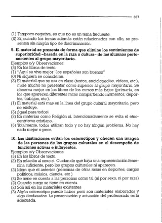 (1) Tampoconegativa, es que no es un tema frecuente. I
(2) Si, cuando los temas además están relacionados con elio, se pre- 1
sentan sin ningún tipo de discriminación. 1
9. El material se presenta de forma que elimine los sentimientos de
superioridad-basada en la raza o cultura- de los alumnos perte-
necientes al grupo mayoritario. l
Ejemplos oly Observaciones: 1
(3) En los libros de texto.
(1) "Aquí se vive mejor "los españoles son buenos"
(O) Ni siquiera se consideran.
l
(3)El material que se usa en clase (textos,enciclopedias, videos, etc.), i
mide mucho no presentar como superior al p p o mayoritario. Se
observa mejor en los libros de los cursos más bajos (primaria, en
los que aparecen diferentes razas compartiendo momentos,depor- 1
tes,trabajos, etc.). lI
(1) El material está mas en la línea del p p o cultural mayoritario,pero
no excluye. I
(3) j~gualpara todos! !
(2) En materias como Religión si. Intencionadamente se evita el eino-
centrismo cristiano.
(3)Totalmente,todos utilizan todo y no hay ningún problema. No hay
nada mejor o peor.
10. Las ilustraciones evitan los estereotipos y ofrecen una imagen i
de las personas de los grupos culturales en el desempeño de
funcionesactivas e influyentes.
Ejemplos oly Obsemciones:
(3) En los libros de texto.
I
(2) En relación al sexo si.Cuidande que haya una representación feme-
nina suficiente,pero los grupos culturales ni aparecen.
(3) Idem que el anterior (personas de otras razas en deportes, cargos
poiíticos,música, ciencia, etc )
(3) Se tiene en cuenta a las personas como tal (nipor sexo,ni por raza) 1
(2) Cuando surge se tiene en cuenta. !
(2) Son así en los materiales existentes.
(2)Algún estereotipo puede haber pero son materiales elaborados y
algo desfasados.La presentación y actuacióndel profesorado es la
i
l
adecuada. 1
 