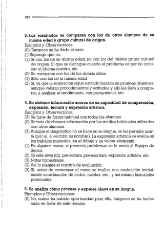 3. Los resultados se comparan con los de otros alumnos de su
misma edad y grupo cultural de origen.
Ejemplos y Observaciones:
(O)Tampoco se ha dado el caso.
( ) Supongo que no.
(1) Si con los de su misma edad, no con los del mismo grupo cultural
de origen. Si que se distingue cuando el problema es por no cono-
cer el idioma nuestro,etc.
(O) Se comparan con los de los demás nulos.
(1) Sólo con los de la misma edad
(2)Si,ya que la evaluación sigue estando basada enpruebas objetivas;
aunque valoran procedimientosy actitudesy ello les lleva a compa-
rar, a analizar el rendimiento, comportamiento,etc.
4. Se obtiene informaciónacerca de su capacidad de comprensión,
expresión,lectura y expresiónartística.
Ejemplosy Observacjones.
(3)Se hace de forma habitual con todos los alumnos.
(O)Setrata de obtener informaciónpor los medios habitualesutilizados
con otros alumnos.
(3)Aunque el diagnósticono se hace en su lengua,se les permite usar-
la (por ej.al escribir su nombre).La expresión artística se evalúa en
los trabajos manuales,en el dibujo y se valora altamente.
(1)En algmos casos, si presenta problemas se le envía al Equipo de
Sector.
(2)En este nivel (El).pre-lechira,pre-escritura, expresiónartística,etc.
(3)Notas trimestrales.
(2)Así lo plantea el registro de evaluaci6n.
(3) Si, antes de comenzar el curso se realiza una evaluación inicial;
existe coordinaciónde ciclos,niveles. etc.,y así mismo historiales
personales.
5. Se analiza cómo procesa y expresa ideas en su lengua.
Ejemplosy Observaciones:
(O)No, nunca ha habido oportunidad para eilo, tampoco se ha hecho
nada en favor de este recurso.
 