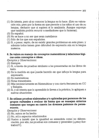 (1) Se intenta,pero al no conocer la lengua no lo hace. (Esto es valora-
ción mía, pero por la forma en que permite a los niños el uso de su
lengua, deduzco que si supiera sí lo analizaria. Aunque supongo
que también podría recurrir a mediadores que lo hicieran).
(O)En español.
(O)No se hace a no ser que sean castellanos
(1) Sólo de los que son españoles.
(2) Sí, a pesar, repito,de no existir grandes problemas en este plano,y
además todos tienen gran dificultad de expresión aún en la lengua
materna.
6. Se valora su manejo de conceptos matemáticosy relacioneslógi-
cas entre conceptos e ideas.
Ejemplosy Observaciones:
(3) Siempre.
(1) Sí, a través de pruebas similares a las presentadas en los libros de
texto.
(2)En la medida en que 'puede hacerlo sin que influya la lengua para
expresarlo.
(2)En matemáticas.
(3)Notas trimestrales.
12)Más necesariamente en Matemáticas v con cierta frecuencia en CC. ,
y Religión.
(2) Sí,y se intenta que lo aprendido lo lleven a la práctica, lo apliquen a
nuwas situaciones.
1.Se utilizanpruebas elaboradasy/o aplicadaspor personas de los
grupos culturales a evaluar de forma que se manejen criterios
comunes que tengan en cuenta los diversos patrones de pensa-
miento.
Ejemplosy Observacjones:
(O) No, nunca se ha hecho.
(1)No, sólo aspectos relacionados.
(2)Vuelvo a insistir que la igualdad es entendida como'no diferen-
ciación,por eUo,las pruebas son comunes y generales (jiiimuyilus-
trativo!!!!).
 