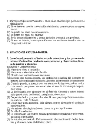 ( ) Parece ser que se revisa a los 2 años,si se observa que persisten las 1
dificultades.
(3)Si se tiene en cuenta la evolución del a l m o con respecto a su nivel
1
inicial.
1
(3)Se parte del nivel de cada alumno.
(2) Se parte del nivel del alumno.
(1) Só1o esporádicamente y como iniciativapersonal del profesor.
(3) Si,eso se intenta,la comparación con los análisis obtenidos con un
diagnostico inicial.
1
5. RELACIONES ESCUELA-FAMILIA I
l
1. Los educadores se familiarizanconla estructuray los patrones de
interacciónfamiliar mediante comunicacióny observación direc-
ta de padres y alumnos.
Ejemplosy Observaciones:
(2)Nunca se visita a la familia.
(2)Nunca se suele visitar a la familia.
(3)El trato con las familias es frecuente.
(2) Siempre que tienen ocasión, los profesores lo hacen. No obstante se
detectaciertodesdnimodebidoa laescasa colaboracióndelospadres.
(2) Cuando puede, al menos con los alumnos.A algunos padres no los
/ conoce aúnporque no vienen al cole,se les cita a horas que no pue-
den venir.
(2)La profe habla con el padre (en el Easo de Hanane)y con el mismo
niño (en el caso de Steven),pregúntandole cosas.
(2) Depende de los grupos culturales.Si con grupos próximos a nues-
tra cultura Este 1Chinos
(1)Dejan muy poca relación . Sólo alguna vez en el colegio el padre;la
madre nunca.
(O) No asisten al colegio salvo en casos muy excepcionales.
(1) Es la relación.
(1)La relación de los padres con los profesores es puntual y sólo cuan-
do éstos lo reclaman.
(2) En tutorías,sobre todo.Es bastante alto el conocimientode las fami- l
lias y alumnos.Más el del tutor,claro. i
l
 