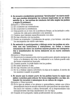 2. Se recurre a mediadores (personas "biculturales"en cierta medi-
da) que puedan interpretar las culturas implicadas en un doble
sentido @. e., las normas de conducta del Nño según los padres
y según el profesor).
Ejemplosy Observacjones:
(1)En ocasiones las orientadoras.
(1) En ocasiones la orientadora.
(1)Unicamente en el caso de la profesora Sergia,se ha invitado a edu-
cadores de caüe para estimular a los alumnos.
(1) Centros que trabajan específicamente con ellos.
(O)No hay relación con los padres.
(1)Existe un orientador,2 profesores de apoyo,y los tutores - son elios
los encargados de cubrir este tema.
3. Se estimula la participación y diálogo entre los padres en rela-
ción con sus tradiciones y costumbres, en orden a tomar
conciencia de cómo los mismos valores pueden ser interpreta-
dos y manifestados de forma diferente en su nuevo contexto
cultural.
Ejemplosy Observacjones:
(1) Seprocura la comunicación con los padres pero girandosiempre en
torno a la dinámica del cole. La referencia a su cultura puede salir
de forma ocasional no buscada.
(2) Cuando puede, la profe habla con los padres.
(1) No están abiertos a elio.
(O)No hay relación con los padres.
(1) Se va a realizar alguna actiGdad y la hija se la explica.A travks de
los alumnos cuando es posible.
4. Se asume que la mayor parte de los padres hacen lo mejor que
saben y pueden para educar de forma responsable a su hijo, uti-
lizando los recursos y estrategias de su cultura de origen.
Ejemplosy Observacjones:
(O) En lo que se refiere a los gitanos y quinmeros, existe una critica
generalizadahacia la escasa valoración que perciben de estas fami-
lias hacia los valores y cultura dominante,se la responsabiliza casi
exclusivamentedel bajo rendimiento de sus hijos.
(2) Cuando se le pregunta, habla positivamente de los padres.
 