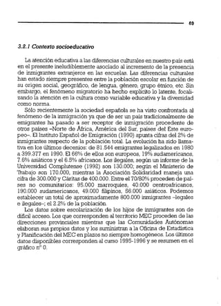 3.2.1 Contextosocioeducativo
La atención educativa a las diferencias cuituralesen nuestro país está
en el presente ineludiblemente asociado al incremento de la presencia
de inmigrantes extranjeros en las escuelas. Las diferencias culturales
han estado siempre presentes entre la población escolar en función de
su origen social, geográfico, de lengua, género, grupo étnico, etc. Sin
embargo, el fenómeno migratorio ha hecho explícito lo latente, focaii-
zando la atención en la cultura como variable educativa y la diversidad
como norma.
Sólo recientemente la sociedad española se ha visto confrontada al
fenómeno de la inmigraciónya que de ser un país tradicionahente de
emigrantes ha pasado a ser receptor de inmigración procedente de
otros países -Norte de África, América del Sur, países del Este euro-
peo-. El InstitutoEspañol de Emigración (1990) apunta cifras del 2% de
inmigrantes respecto de la población total La evolución ha sido liama-
tiva en los últimos decenios: de 81.544emigrantes legalizados en 1980
a 399.377en 1990.El 66% de eilos son europeos, 19%sudamericanos,
7.6%asiáticos y el 6.5% africanos.Los ilegales, según un informe de la
Universidad Complutense (1992) son 130.000;según el Ministerio de
Trabajo son 170.000,mientras la Asociación Solidaridad maneja una
cifrade 300.000y Cáritas de 400.000.Entre el 70180%proceden depaí-
ses no comunitarios: 95.000 marroquíes, 40.000 centroafricanos,
190.000 sudamericanos, 49.000 filipinos, 56.000 asiáticos. Podemos
establecer un total de aproximadamente 800.000inmigrantes -legales
e ilegales-; el 2.2%de la población.
Los datos sobre escolarización de los hijos de inrnigmntes son de
dificil acceso. Los que corresponden alterritorio MEC proceden de las
direcciones provinciales mientras que las Comunidades Autónomas
elaboran sus propios datos y los suministrana la Oficina de Estadística
y Planificación del MEC enplazos no siempre homogéneos. Los últimos
datos disponibles corresponden al curso 1995-1996y se resumen en el
gráfico noO.
 