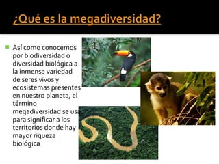    Así como conocemos
    por biodiversidad o
    diversidad biológica a
    la inmensa variedad
    de seres vivos y
    ecosistemas presentes
    en nuestro planeta, el
    término
    megadiversidad se usa
    para significar a los
    territorios donde hay
    mayor riqueza
    biológica
 