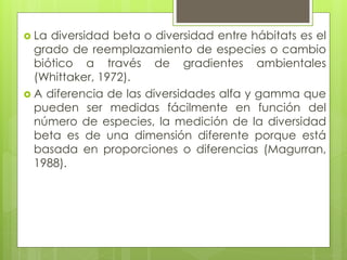  La diversidad beta o diversidad entre hábitats es el
grado de reemplazamiento de especies o cambio
biótico a través de gradientes ambientales
(Whittaker, 1972).
 A diferencia de las diversidades alfa y gamma que
pueden ser medidas fácilmente en función del
número de especies, la medición de la diversidad
beta es de una dimensión diferente porque está
basada en proporciones o diferencias (Magurran,
1988).
 