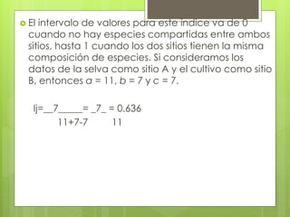  El intervalo de valores para este índice va de 0
cuando no hay especies compartidas entre ambos
sitios, hasta 1 cuando los dos sitios tienen la misma
composición de especies. Si consideramos los
datos de la selva como sitio A y el cultivo como sitio
B, entonces a = 11, b = 7 y c = 7.
Ij=__7_____= _7_ = 0.636
11+7-7 11
 