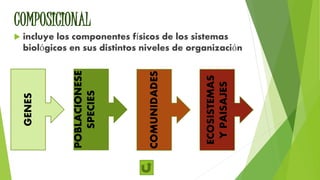 COMPOSICIONAL
 incluye los componentes físicos de los sistemas
biológicos en sus distintos niveles de organización
GENES
POBLACIONESE
SPECIES
COMUNIDADES
ECOSISTEMAS
YPAISAJES
 