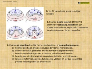 Dominios bioclimáticos españoles
La Jet Stream circula a una velocidad
variable:
1. Cuando circula rápida (>150 km/h)
describe un itinerario rectilíneo o con
suaves ondulaciones, separando claramente
los vientos polares de los tropicales.
2. Cuando se ralentiza describe fuertes ondulaciones o meandrizaciones que:
a) Permite que bajas presiones invadan territorios meridionales.
b) Permite que altas presiones invadas territorios septentrionales.
c) Permite que vientos polares accedan a latitudes meridionales.
d) Permite que vientos tropicales accedan a latitudes septentrionales.
e) Favorece la formación de ondulaciones o vórtices en los que los vientos
polares y los tropicales de encuentran.
 