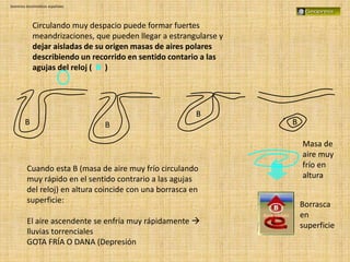Dominios bioclimáticos españoles
Circulando muy despacio puede formar fuertes
meandrizaciones, que pueden llegar a estrangularse y
dejar aisladas de su origen masas de aires polares
describiendo un recorrido en sentido contario a las
agujas del reloj ( B )
B B
B
B
Cuando esta B (masa de aire muy frío circulando
muy rápido en el sentido contrario a las agujas
del reloj) en altura coincide con una borrasca en
superficie:
El aire ascendente se enfría muy rápidamente 
lluvias torrenciales
GOTA FRÍA O DANA (Depresión
Masa de
aire muy
frío en
altura
Borrasca
en
superficie
 