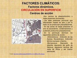 FACTORES CLIMÁTICOS:
Factores dinámicos.
CIRCULACIÓN EN SUPERFICIE
Centros de acción
-Son centros de altas(anticiclón) o
bajas presiones (borrascas).
- Las altas presiones provocan que
desciendan masas de aire y por lo
tanto no se produzcan precipitaciones.
- En las zonas de bajas presiones el
aire es ascendente, condensándose y
pudiendo producirse precipitaciones.
- En la península dominan los
siguientes centros de acción:
-Anticiclónicos: Anticiclón de las
Azores, Escandinavo, Anticiclón
térmico europeo e iberico.
-Borrascosos: Depresión de
Islandia; depresión del golfo de
Génova; depresión térmica del
norte de África y del interior
peninsular.
Fuente: http://www.cdlibre.org/pau/2003S/PAU_CV_2003S_CTM_02g.jpg
Prof. Isaac Buzo Sánchez
 