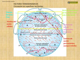 Dominios bioclimáticos españoles
Centros de
acción
permanentes,
aunque móviles
Vientos del
oeste:
cálidos
Vientos
del este:
fríos
Zona de encuentro
de los vientos del
este y del oeste
Centros de
acción
temporales:
borrascas
FACTORES TERMODINÁMICOS
Circulación en superficie: los frentes
 