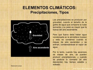 ELEMENTOS CLIMÁTICOS:
Precipitaciones, Tipos
Las precipitaciones se producen por
gravedad, cuando el tamaño de la
gotita de agua que compone la nube
aumenta y su peso es mayor que la
fuerza del aire ascendente.
Para que llueva debe haber agua
condensada en la atmósfera (nubes)
y esta se condensa cuando la
masas de aire ascienden y se
enfrían, condensándose el vapor de
agua.
Por lo tanto, cuando hay ascensos
de masas de aire, se pueden
producir precipitaciones, y cuando
se produce lo contrario (el aire
desciende) hay tiempo estable y
soleado.
Elaboración propia
Prof. Isaac Buzo Sánchez
 
