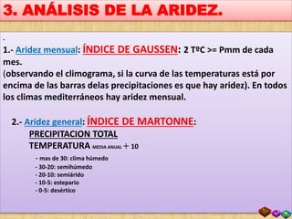 .
1.- Aridez mensual: ÍNDICE DE GAUSSEN: 2 TºC >= Pmm de cada
mes.
(observando el climograma, si la curva de las temperaturas está por
encima de las barras delas precipitaciones es que hay aridez). En todos
los climas mediterráneos hay aridez mensual.
2.- Aridez general: ÍNDICE DE MARTONNE:
PRECIPITACION TOTAL
TEMPERATURA MEDIA ANUAL  10
- mas de 30: clima húmedo
- 30-20: semihúmedo
- 20-10: semiárido
- 10-5: estepario
- 0-5: desértico
3. ANÁLISIS DE LA ARIDEZ.
 
