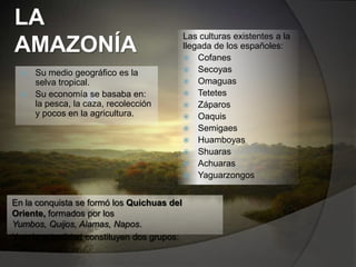 Las culturas existentes a la
llegada de los españoles:
 Cofanes
 Secoyas
 Omaguas
 Tetetes
 Záparos
 Oaquis
 Semigaes
 Huamboyas
 Shuaras
 Achuaras
 Yaguarzongos
LA
AMAZONÍA
 Su medio geográfico es la
selva tropical.
 Su economía se basaba en:
la pesca, la caza, recolección
y pocos en la agricultura.
En la conquista se formó los Quichuas del
Oriente, formados por los
Yumbos, Quijos, Alamas, Napos.
Y en la actualidad constituyen dos grupos:
 