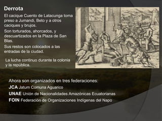 Derrota
El cacique Cuento de Latacunga toma
preso a Jumandi, Beto y a otros
caciques y brujos.
Son torturados, ahorcados, y
descuartizados en la Plaza de San
Blas.
Sus restos son colocados a las
entradas de la ciudad.
La lucha continuo durante la colonia
y la república.
Ahora son organizados en tres federaciones:
JCA Jatum Comuna Aguarico
UNAE Unión de Nacionalidades Amazónicas Ecuatorianas
FOIN Federación de Organizaciones Indígenas del Napo
 