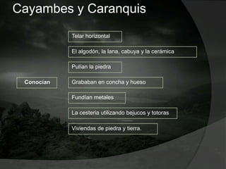 Cayambes y Caranquis
Conocían
Telar horizontal
El algodón, la lana, cabuya y la cerámica
Pulían la piedra
Grababan en concha y hueso
Fundían metales
La cesteria utilizando bejucos y totoras
Viviendas de piedra y tierra.
 