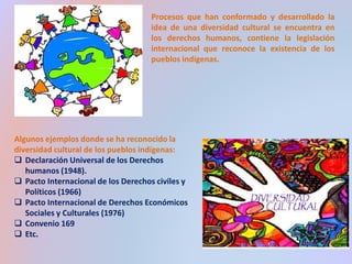Procesos que han conformado y desarrollado la 
idea de una diversidad cultural se encuentra en 
los derechos humanos, contiene la legislación 
internacional que reconoce la existencia de los 
pueblos indígenas. 
Algunos ejemplos donde se ha reconocido la 
diversidad cultural de los pueblos indígenas: 
 Declaración Universal de los Derechos 
humanos (1948). 
 Pacto Internacional de los Derechos civiles y 
Políticos (1966) 
 Pacto Internacional de Derechos Económicos 
Sociales y Culturales (1976) 
 Convenio 169 
 Etc. 
 