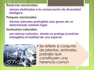 

Reservas nacionales:




Parques nacionales:




aéreas destinadas a la conservación de diversidad
biológica
Aéreas naturales protegidas que gozan de un
determinado estatuto legal

Santuarios naturales:


son aéreas naturales donde se protege (carácter
intangible) el habitad de una especie

 