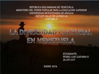 REPÚBLICA BOLIVARIANA DE VENEZUELA
MINISTERIO DEL PODER POPULAR PARA LA EDUCACIÓN SUPERIOR
UNIVERSIDAD BICENTENARIA DE ARAGUA
NÚCLEO VALLE DE LA PASCUA
CULTURA II
ESTUDIANTE
PEDRO LUIS GUEVARA P.
26.037.617
ENERO 2016
 