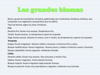 Los grandes biomas
Bioma: grupo de ecosistemas terrestres, gobernados por condiciones climáticas similares, que
comparten una vegetación característica que los define.
Tipos de biomas según las zonas climáticas:
Fría:
Desierto frío: lluvias muy escasas. Temperatura fría.
Tundra: lluvias escasas. La temperatura supera los 0 grados.
Taiga: lluvias escasas. Durante el verano, unos 4 meses, las temperaturas superan los 0 grados.
Templada:
Estepa: lluvias irregulares. Veranos cálidos y lluviosos e inviernos fríos y secos.
Bosque mediterráneo: lluvias irregulares. Veranos secos y calidos e inviernos suaves y lluviosos.
Bosque caducifolio: lluvias regulares. Ambiente húmedo.
Cálida:
Desierto cálido: lluvias muy escasas. Dias calurosos y noches frías.
Sabana: lluvias irregulares. Corta estación lluviosa.
Bosque tropical: lluvias irregulares larga estación lluviosa.
Bosque ecuatorial: lluvias muy abundantes y regulares. Ambiente muy húmedo.

 
