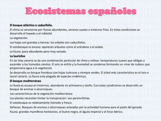 Ecosistemas españoles
El bosque atlántico o caducifolio.
El clima se caracteriza por lluvias abundantes, veranos suaves e inviernos fríos. En estas condiciones se
desarrolla el hayedo y el robledal.
La vegetación:
Las hojas son grandes y tiernas: los arboles son caducifolios.
El sotobosque es escaso: aparecen arbustos como el arándano o el acebo.
La fauna: poco abundante pero muy variada.
La laurisilva
En las islas canaria se da una combinación particular de clima y relieve: temperaturas suaves que obligan a
ascender a los húmedos vientos. El aire se enfría y la humedad se condensa formando un «mar de nubes» que
proporciona agua a la vegetación.
Se desarrolla un bosque frondoso con hojas lustrosas y siempre verdes. El árbol más característico es el loro o
laurel canario. La fauna esta plagada de especies endémicas.
El bosque mediterráneo
La lluvia es escasa en inviernos, abundante en primavera y otoño. Con estas condiciones se desarrolla un
bosque de encinas o alcornoques.
Las características de la vegetación mediterránea:
Las plantas necesitan limitar la transpiración: son perennifolias.
El sotobosque es relativamente húmedo y fresco.
Dehesas: Bosques de encinas o alcornoques aclarados por la actividad humana para el pasto del ganado.
Fauna: grandes mamíferos herbívoros, el buitre negro, el águila imperial y el lince ibérico.

 