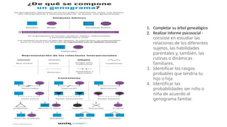 1. Completar su árbol genealógico
2. Realizar informe psicosocial -
consiste en estudiar las
relaciones de los diferentes
sujetos, las habilidades
parentales y, también, las
rutinas o dinámicas
familiares.
3. Identificar los rasgos
probables que tendria tu
hijo o hija
4. Identificar las
probabilidades ser niño o
niña de acuerdo al
genograma familar.
 