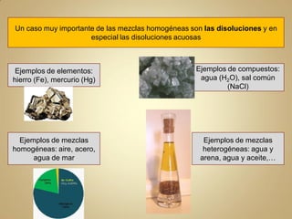 Un caso muy importante de las mezclas homogéneas son las disoluciones y en
                     especial las disoluciones acuosas



 Ejemplos de elementos:                            Ejemplos de compuestos:
hierro (Fe), mercurio (Hg)                          agua (H2O), sal común
                                                            (NaCl)




  Ejemplos de mezclas                                Ejemplos de mezclas
homogéneas: aire, acero,                             heterogéneas: agua y
      agua de mar                                   arena, agua y aceite,…
 