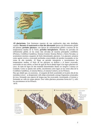 -El glaciarismo. Este fenómeno requiere de una explicación algo más detallada,
veamos. Durante el cuaternario se han ido alternando épocas de enfriamiento global
del planeta, periodos glaciares, con épocas de calentamiento global o ascenso de las
temperaturas medias de la Tierra, periodos interglaciares. Durante los periodos de
enfriamiento global, en las zonas más elevadas de nuestras principales cordilleras
(Pirineos, Cordillera Cantábrica, Sistema Central, Sistema Ibérico y Sierra Nevada), se
acumularon enormes casquetes de hielo denominados glaciares. Los glaciares actuaron
como agente erosivo, excavando profundas concavidades de paredes escarpadas en las
zonas de alta montaña. Al llegar un periodo interglaciar e incrementarse las
temperaturas medias, el hielo de los glaciares se deshizo y el hueco excavado,
convertido en una cubeta, se llenó de agua de lluvia dando lugar a los lagos glaciares de
circo. Se trata de lagos de alta montaña denominados ibones en Aragón o estanys en
Cataluña. Como se apunta más arriba, encontramos estos lagos en las zonas altas de la
Cordillera Cantábrica, el sistema Ibérico, el sistema Central y en los Pirineos.
Hay que añadir que, en ocasiones, el casquete de hielo acumulado en la parte alta de las
montañas (circo) se desparramó valle abajo arrastrando consigo fragmentos arrancados
de roca, formando una especie de lengua que fue excavando, erosionando, el terreno y
formando un valle de origen glaciar. Esto valles glaciares presentan forma de U y sólo
los encontramos en los Pirineos.
 de U.




                                                                                       5
 