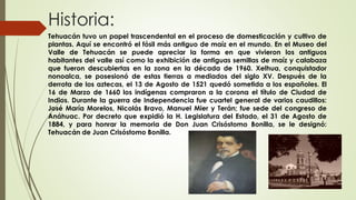 Historia:
Tehuacán tuvo un papel trascendental en el proceso de domesticación y cultivo de
plantas. Aquí se encontró el fósil más antiguo de maíz en el mundo. En el Museo del
Valle de Tehuacán se puede apreciar la forma en que vivieron los antiguos
habitantes del valle así como la exhibición de antiguas semillas de maíz y calabaza
que fueron descubiertas en la zona en la década de 1960. Xelhua, conquistador
nonoalca, se posesionó de estas tierras a mediados del siglo XV. Después de la
derrota de los aztecas, el 13 de Agosto de 1521 quedó sometida a los españoles. El
16 de Marzo de 1660 los indígenas compraron a la corona el título de Ciudad de
Indios. Durante la guerra de Independencia fue cuartel general de varios caudillos:
José María Morelos, Nicolás Bravo, Manuel Mier y Terán; fue sede del congreso de
Anáhuac. Por decreto que expidió la H. Legislatura del Estado, el 31 de Agosto de
1884, y para honrar la memoria de Don Juan Crisóstomo Bonilla, se le designó:
Tehuacán de Juan Crisóstomo Bonilla.
 