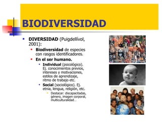 BIODIVERSIDAD DIVERSIDAD  (Puigdellívol, 2001): Biodiversidad  de especies con rasgos identificadores. En el ser humano. Individual  (psicológico). Ej. conocimientos previos, intereses y motivaciones, estilos de aprendizaje, ritmo de trabajo etc. Social  (sociológico). Ej. etnia, lengua, religión, etc. Destacar: discapacitadas, género, imagen corporal, multiculturalidad… 