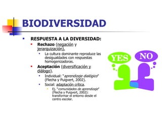 BIODIVERSIDAD RESPUESTA A LA DIVERSIDAD: Rechazo  ( negación  y  jerarquización). La cultura dominante reproduce las desigualdades con respuestas homogenizadoras. Aceptación  ( diversificación y diálogo ). Individual: “ aprendizaje dialógico ” (Flecha y Puigvert, 2002). Social:  adaptación crítica . Ej. “ comunidades de aprendizaje ” (Flecha y Puigvert, 2002): transformar el entorno desde el centro escolar. 