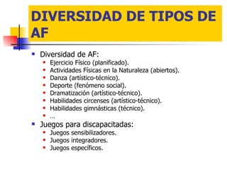 DIVERSIDAD DE TIPOS DE AF Diversidad de AF: Ejercicio Físico (planificado). Actividades Físicas en la Naturaleza (abiertos). Danza (artístico-técnico). Deporte (fenómeno social). Dramatización (artístico-técnico). Habilidades circenses (artístico-técnico). Habilidades gimnásticas (técnico). … Juegos para discapacitadas: Juegos sensibilizadores. Juegos integradores. Juegos específicos. 