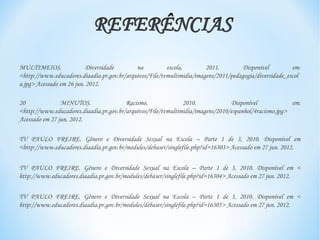 MULTIMEIOS.               Diversidade        na          escola,        2011.         Disponível         em:
<http://www.educadores.diaadia.pr.gov.br/arquivos/File/tvmultimidia/imagens/2011/pedagogia/diversidade_escol
a.jpg> Acessado em 26 jun. 2012.

20              MINUTOS.                 Racismo,              2010.             Disponível             em:
<http://www.educadores.diaadia.pr.gov.br/arquivos/File/tvmultimidia/imagens/2010/espanhol/4racismo.jpg>
Acessado em 27 jun. 2012.

TV PAULO FREIRE. Gênero e Diversidade Sexual na Escola – Parte 1 de 3, 2010. Disponível em
<http://www.educadores.diaadia.pr.gov.br/modules/debaser/singlefile.php?id=16303> Acessado em 27 jun. 2012.


TV PAULO FREIRE. Gênero e Diversidade Sexual na Escola – Parte 1 de 3, 2010. Disponível em <
http://www.educadores.diaadia.pr.gov.br/modules/debaser/singlefile.php?id=16304> Acessado em 27 jun. 2012.


TV PAULO FREIRE. Gênero e Diversidade Sexual na Escola – Parte 1 de 3, 2010. Disponível em <
http://www.educadores.diaadia.pr.gov.br/modules/debaser/singlefile.php?id=16305> Acessado em 27 jun. 2012.
 