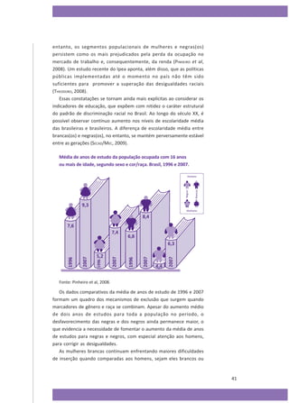 entanto, os segmentos populacionais de mulheres e negras(os)
persistem como os mais prejudicados pela perda da ocupação no
mercado de trabalho e, consequentemente, da renda (PINHEIRO et al,
2008). Um estudo recente do Ipea aponta, além disso, que as políticas
públicas implementadas até o momento no país não têm sido
suficientes para promover a superação das desigualdades raciais
(THEODORO, 2008).
Essas constatações se tornam ainda mais explícitas ao considerar os
indicadores de educação, que expõem com nitidez o caráter estrutural
do padrão de discriminação racial no Brasil. Ao longo do século XX, é
possível observar contínuo aumento nos níveis de escolaridade média
das brasileiras e brasileiros. A diferença de escolaridade média entre
brancas(os) e negras(os), no entanto, se mantém perversamente estável
entre as gerações (SECAD/MEC, 2009).
Média de anos de estudo da população ocupada com 16 anos
ou mais de idade, segundo sexo e cor/raça. Brasil, 1996 e 2007.

Fonte: Pinheiro et al, 2008.

Os dados comparativos da média de anos de estudo de 1996 e 2007
formam um quadro dos mecanismos de exclusão que surgem quando
marcadores de gênero e raça se combinam. Apesar do aumento médio
de dois anos de estudos para toda a população no período, o
desfavorecimento das negras e dos negros ainda permanece maior, o
que evidencia a necessidade de fomentar o aumento da média de anos
de estudos para negras e negros, com especial atenção aos homens,
para corrigir as desigualdades.
As mulheres brancas continuam enfrentando maiores dificuldades
de inserção quando comparadas aos homens, sejam eles brancos ou

41

 