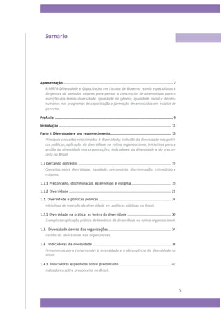 Sumário

Apresentação......................................................................................................... 7
A MRPA Diversidade e Capacitação em Escolas de Governo reuniu especialistas e
dirigentes de variadas origens para pensar a construção de alternativas para a
inserção dos temas diversidade, igualdade de gênero, igualdade racial e direitos
humanos nos programas de capacitação e formação desenvolvidos em escolas de
governo.
Prefácio ................................................................................................................. 9
Introdução ........................................................................................................... 11
Parte I: Diversidade e seu reconhecimento .......................................................... 15
Principais conceitos relacionados à diversidade; inclusão da diversidade nas políticas públicas; aplicação da diversidade na rotina organizacional; iniciativas para a
gestão da diversidade nas organizações; indicadores da diversidade e do preconceito no Brasil.
1.1 Cercando conceitos ............................................................................................. 19
Conceitos sobre diversidade, equidade, preconceito, discriminação, estereótipo e
estigma.
1.1.1 Preconceito, discriminação, estereótipo e estigma ........................................ 19
1.1.2 Diversidade ....................................................................................................... 21
1.2. Diversidade e políticas públicas ......................................................................... 24
Iniciativas de inserção da diversidade em políticas públicas no Brasil.
1.2.1 Diversidade na prática: as lentes da diversidade ............................................ 30
Exemplo de aplicação prática da temática da diversidade na rotina organizacional.
1.3. Diversidade dentro das organizações ............................................................... 34
Gestão da diversidade nas organizações.
1.4. Indicadores da diversidade ............................................................................... 38
Ferramentas para compreender a intensidade e a abrangência da diversidade no
Brasil.
1.4.1. Indicadores específicos sobre preconceito .................................................... 42
Indicadores sobre preconceito no Brasil.

5

 