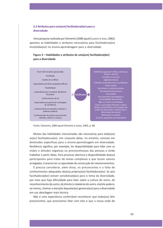 2.2 Atributos para uma(um) facilitadora(dor) para a
diversidade
Uma pesquisa realizada por Clements (2000 apud CLEMENTS e JONES, 2002)
apontou as habilidades e atributos necessários para facilitadoras(es)
envolvidas(os) no ensino-aprendizagem para a diversidade.
Figura 3 – Habilidades e atributos de uma(um) facilitadora(dor)
para a diversidade

Fonte: Clements, 2000 apud Clements e Jones, 2002, p. 08.

Muitas das habilidades mencionadas são necessárias para todas(os)
as(os) facilitadoras(es). Um conjunto delas, no entanto, consiste em
dimensões específicas para o ensino-aprendizagem em diversidade.
Resiliência significa, por exemplo, ter disponibilidade para lidar com as
visões e atitudes negativas ou preconceituosas das pessoas e ainda
trabalhar a partir delas. Para provocar abertura e disponibilidade das(os)
participantes para tratar de temas complexos e que tocam valores
arraigados, é preciso ter a capacidade de construção de relacionamentos.
É preciso considerar, além disso, os preconceitos e a falta de
conhecimentos adequados das(os) próprias(os) facilitadoras(es). Se a(o)
facilitadora(dor) estiver sensibilizada(o) para o tema da diversidade,
por mais que haja dificuldade para falar sobre a cultura do outro, do
reconhecimento do outro, do direito à cidadania do outro, ela/ele poderá,
ao menos, chamar a atenção daquelas(es) gestoras(es) para a diversidade
em sua abordagem mais técnica.
Não é uma experiência confortável reconhecer que todas(os) têm
preconceitos, que precisamos lidar com eles e que a nossa visão de

63

 
