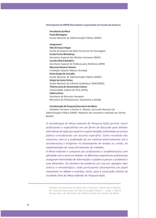 Participantes da MRPA Diversidade e Capacitação em Escolas de Governo
Presidente da Mesa
Paula Montagner
Escola Nacional de Administração Pública (ENAP)
Integrantes*
Édio de Souza Viegas
Escola de Governo do Mato Grosso do Sul (Escolagov)
Erasto Fortes Mendonça
Secretaria Especial dos Direitos Humanos (SEDH)
Lourdes Maria Bandeira
Secretaria Especial de Políticas para Mulheres (SPM)
Maurício Antunes Tavares
Fundação Joaquim Nabuco (Fundaj)
Paulo Sergio de Carvalho
Escola Nacional de Administração Pública (ENAP)
Sérgio da Costa Côrtes
Escola Nacional de Ciências Estatísticas (ENCE/IBGE)
Thelma Lucia de Vasconcelos Colares
Universidade Federal do Pará (UFPA)
Valéria Porto
Secretaria de Recursos Humanos
Ministério do Planejamento, Orçamento e Gestão
Coordenação de Pesquisa/Secretaria da Mesa:
Elisabete Ferrarezi e Clarice G. Oliveira, da Escola Nacional de
Administração Pública (ENAP). Relatoria dos encontros realizada por Alinne
Bonetti.

A metodologia de Mesa-redonda de Pesquisa-Ação permite reunir
profissionais e especialistas em um fórum de discussão para debater
alternativas de ação que ajudem a superar desafios enfrentados no serviço
público considerando um assunto específico. Como resultado dos
encontros, tem-se a publicação de um material potencialmente útil a
servidoras(es) e dirigentes no desempenho de tarefas ou, então, na
implementação de novas ferramentas de trabalho.
A Mesa-redonda é composta por profissionais e acadêmicas(os) com
afinidade com o tema em debate. As diferentes experiências profissionais
asseguram intercâmbio de informações e ajudam a pensar o problema e
suas dimensões. Os membros da academia, por sua vez, agregam rigor
teórico e metodológico. Cada participante desempenha um papel
importante no debate e contribui, assim, para a construção coletiva do
resultado final da Mesa-redonda de Pesquisa-Ação.

*

8

Também participaram de parte dos encontros: Elaine Rossi Ribeiro,
do Instituto Municipal de Administração Pública – Imap; e Maria
Teresa Silva, da Secretaria de Administração do Estado da Bahia.

 