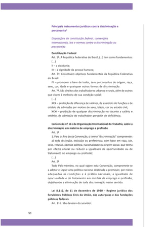 Principais instrumentos jurídicos contra discriminação e
preconceito1
Disposições da constituição federal, convenções
internacionais, leis e normas contra a discriminação ou
preconceito
Constituição Federal
Art. 1º. A República Federativa do Brasil, (...) tem como fundamentos:
(...)
II – a cidadania;
III – a dignidade da pessoa humana;
Art. 3º. Constituem objetivos fundamentais da República Federativa
do Brasil:
IV – promover o bem de todos, sem preconceitos de origem, raça,
sexo, cor, idade e quaisquer outras formas de discriminação.
Art. 7º. São direitos dos trabalhadores urbanos e rurais, além de outros
que visem à melhoria de sua condição social:
(...)
XXX – proibição de diferença de salários, de exercício de funções e de
critério de admissão por motivo de sexo, idade, cor ou estado civil;
XXXI – proibição de qualquer discriminação no tocante a salário e
critérios de admissão do trabalhador portador de deficiência.
Convenção nº 111 da Organização Internacional do Trabalho, sobre a
discriminação em matéria de emprego e profissão
Art. 1º
1. Para os fins desta Convenção, o termo “discriminação” compreende:
a) toda distinção, exclusão ou preferência, com base em raça, cor,
sexo, religião, opinião política, nacionalidade ou origem social, que tenha
por efeito anular ou reduzir a igualdade de oportunidade ou de
tratamento no emprego ou profissão;
(...)
Art. 2º
Todo País-membro, no qual vigore esta Convenção, compromete-se
a adotar e seguir uma política nacional destinada a promover, por meios
adequados às condições e à prática nacionais, a igualdade de
oportunidade e de tratamento em matéria de emprego e profissão,
objetivando a eliminação de toda discriminação nesse sentido.
Lei 8.112, de 11 de dezembro de 1990 – Regime jurídico dos
Servidores Públicos Civis da União, das autarquias e das fundações
públicas federais
Art. 116. São deveres do servidor:
90

 