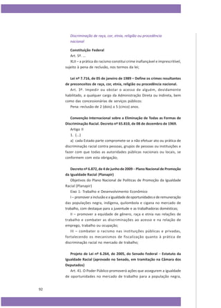 Discriminação de raça, cor, etnia, religião ou procedência
nacional
Constituição Federal
Art. 5º. ...
XLII – a prática do racismo constitui crime inafiançável e imprescritível,
sujeito à pena de reclusão, nos termos da lei;
Lei nº 7.716, de 05 de janeiro de 1989 – Define os crimes resultantes
de preconceitos de raça, cor, etnia, religião ou procedência nacional.
Art. 3º. Impedir ou obstar o acesso de alguém, devidamente
habilitado, a qualquer cargo da Administração Direta ou Indireta, bem
como das concessionárias de serviços públicos:
Pena: reclusão de 2 (dois) a 5 (cinco) anos.
Convenção Internacional sobre a Eliminação de Todas as Formas de
Discriminação Racial. Decreto nº 65.810, de 08 de dezembro de 1969.
Artigo II
1. (...)
a) cada Estado parte compromete-se a não efetuar ato ou prática de
discriminação racial contra pessoas, grupos de pessoas ou instituições e
fazer com que todas as autoridades públicas nacionais ou locais, se
conformem com esta obrigação;
Decreto nº 6.872, de 4 de junho de 2009 – Plano Nacional de Promoção
da Igualdade Racial (Planapir)
Objetivos do Plano Nacional de Políticas de Promoção da Igualdade
Racial (Planapir)
Eixo 1: Trabalho e Desenvolvimento Econômico
I – promover a inclusão e a igualdade de oportunidades e de remuneração
das populações negra, indígena, quilombola e cigana no mercado de
trabalho, com destaque para a juventude e as trabalhadoras domésticas;
II – promover a equidade de gênero, raça e etnia nas relações de
trabalho e combater as discriminações ao acesso e na relação de
emprego, trabalho ou ocupação;
III – combater o racismo nas instituições públicas e privadas,
fortalecendo os mecanismos de fiscalização quanto à prática de
discriminação racial no mercado de trabalho;
Projeto de Lei nº 6.264, de 2005, do Senado Federal – Estatuto da
Igualdade Racial (aprovado no Senado, em tramitação na Câmara dos
Deputados)
Art. 41. O Poder Público promoverá ações que assegurem a igualdade
de oportunidades no mercado de trabalho para a população negra,
92

 