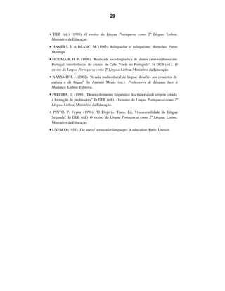 29
• DEB (ed.) (1998). O ensino da Língua Portuguesa como 2ª Língua. Lisboa:
Ministério da Educação.
• HAMERS, J. & BLANC, M. (1983). Bilingualité et bilinguisme. Bruxelles: Pierre
Mardaga.
• HEILMAIR, H.-P. (1998). “Realidade sociolinguística de alunos cabo-verdianos em
Portugal. Interferências do crioulo de Cabo Verde no Português”. In DEB (ed.). O
ensino da Língua Portuguesa como 2ª Língua. Lisboa: Ministério da Educação.
• NAYSMITH, J. (2002). “A aula multicultural de língua: desafios aos conceitos de
cultura e de língua”. In António Moniz (ed.). Professores de Línguas face à
Mudança. Lisboa: Edinova.
• PEREIRA, D. (1998). “Desenvolvimento linguístico das minorias de origem crioula
e formação de professores”. In DEB (ed.). O ensino da Língua Portuguesa como 2ª
Língua. Lisboa: Ministério da Educação.
• PINTO, P. Feytor (1998). “O Projecto Trans. L2, Transversalidade da Língua
Segunda”. In DEB (ed.) O ensino da Língua Portuguesa como 2ª Língua. Lisboa:
Ministério da Educação.
• UNESCO (1953). The use of vernacular languages in education. Paris: Unesco.
 