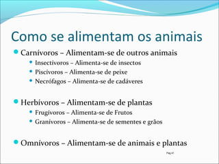 Como se alimentam os animais
Carnívoros – Alimentam-se de outros animais
Insectívoros – Alimenta-se de insectos
 Piscívoros – Alimenta-se de peixe
 Necrófagos – Alimenta-se de cadáveres


Herbívoros – Alimentam-se de plantas
Frugívoros – Alimenta-se de Frutos
 Granívoros – Alimenta-se de sementes e grãos


Omnívoros – Alimentam-se de animais e plantas
Pag 41

 