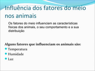 Influência dos fatores do meio
nos animais
Os fatores do meio influenciam as características
físicas dos animais, o seu comportamento e a sua
distribuição

Alguns fatores que influenciam os animais são:
Temperatura
Humidade
Luz

 