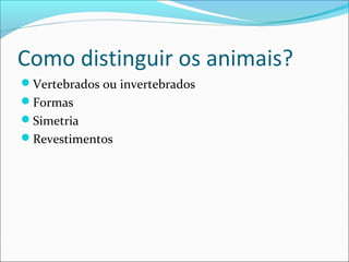 Como distinguir os animais?
Vertebrados ou invertebrados
Formas
Simetria
Revestimentos

 