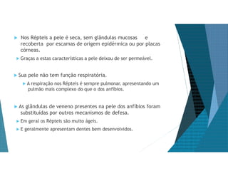  Nos Répteis a pele é seca, sem glândulas mucosas e
recoberta por escamas de origem epidérmica ou por placas
córneas.
 Graças a estas características a pele deixou de ser permeável.
 Sua pele não tem função respiratória.
 A respiração nos Répteis é sempre pulmonar, apresentando um
pulmão mais complexo do que o dos anfíbios.
 As glândulas de veneno presentes na pele dos anfíbios foram
substituídas por outros mecanismos de defesa.
 Em geral os Répteis são muito ágeis.
 E geralmente apresentam dentes bem desenvolvidos.
 