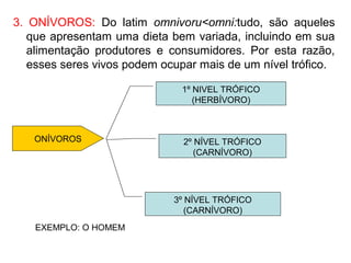 3. ONÍVOROS: Do latim omnivoru<omni:tudo, são aqueles
que apresentam uma dieta bem variada, incluindo em sua
alimentação produtores e consumidores. Por esta razão,
esses seres vivos podem ocupar mais de um nível trófico.
1º NIVEL TRÓFICO
(HERBÍVORO)
2º NÍVEL TRÓFICO
(CARNÍVORO)
3º NÍVEL TRÓFICO
(CARNÍVORO)
ONÍVOROS
EXEMPLO: O HOMEM
 