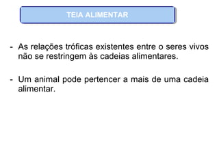 - As relações tróficas existentes entre o seres vivos
não se restringem às cadeias alimentares.
- Um animal pode pertencer a mais de uma cadeia
alimentar.
TEIA ALIMENTAR
 