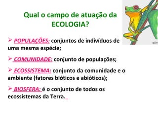 Qual o campo de atuação da
ECOLOGIA?
 POPULAÇÕES: conjuntos de indivíduos de
uma mesma espécie;
 COMUNIDADE: conjunto de populações;
 ECOSSISTEMA: conjunto da comunidade e o
ambiente (fatores bióticos e abióticos);
 BIOSFERA: é o conjunto de todos os
ecossistemas da Terra.
 