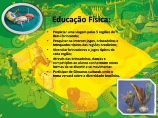 Educação Física: 
• Propiciar uma viagem pelas 5 regiões do 
Brasil brincando; 
• Pesquisar na internet jogos, brincadeiras e 
brinquedos típicos das regiões brasileiras; 
• Vivenciar brincadeiras e jogos típicos de 
cada região; 
• Através das brincadeiras, danças e 
competições ao alunos conheceram novas 
formas de se divertir e se movimentar. 
• Participar de Gincanas culturais onde o 
tema versará sobre a diversidade brasileira. 
 